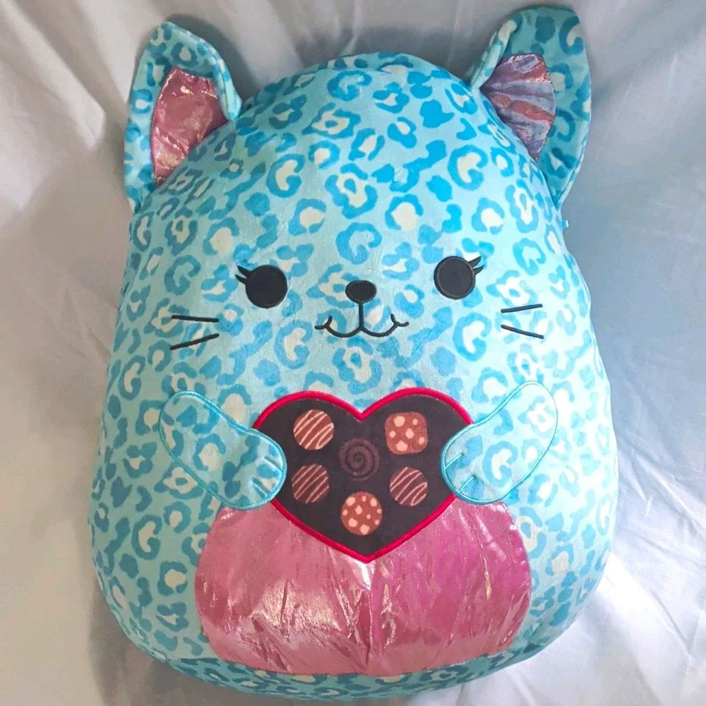 Squishmallows Cat Plush Doll Blue Leopard Print Valentine Heart, Medium Washable